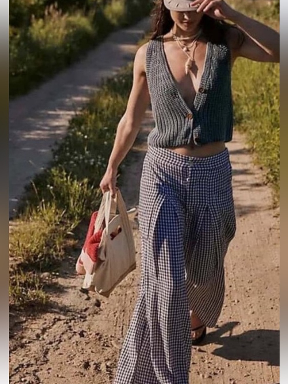Free People East Side Trousers Plaid Relaxed Fit‎ Button Fly Black White Medium - Picture 4 of 10